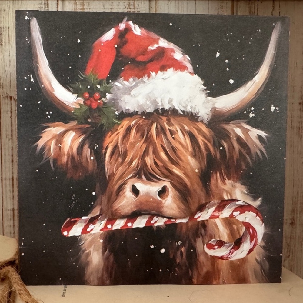 Festive Highland Cow wooden plaque.